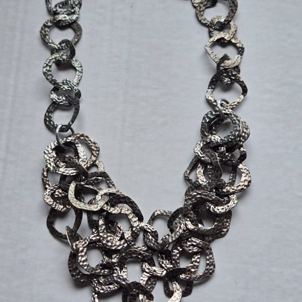 Runway Multi Strand Hammered Silver Link Necklace signed LDG